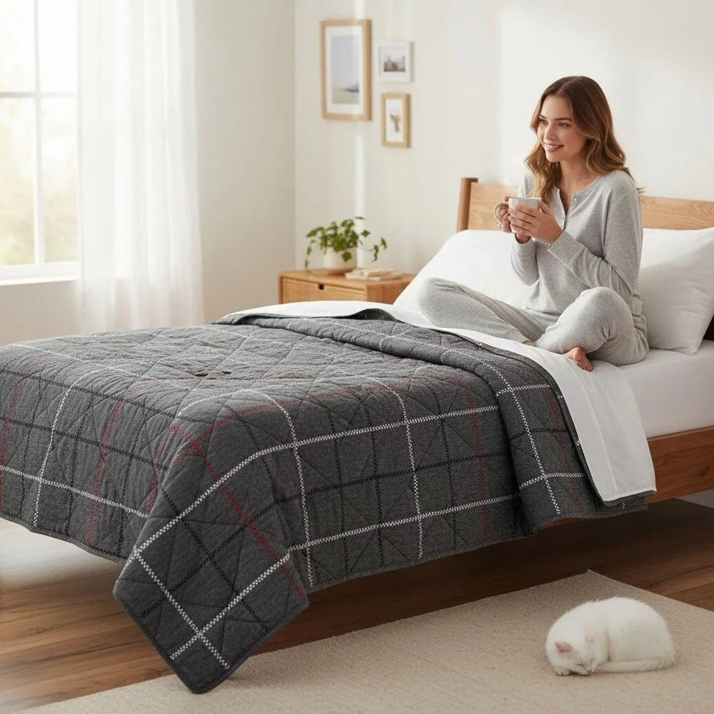 Pillowfort Plaid Quilt Twin Grey Brand New Diamond Quilted Red White Accents